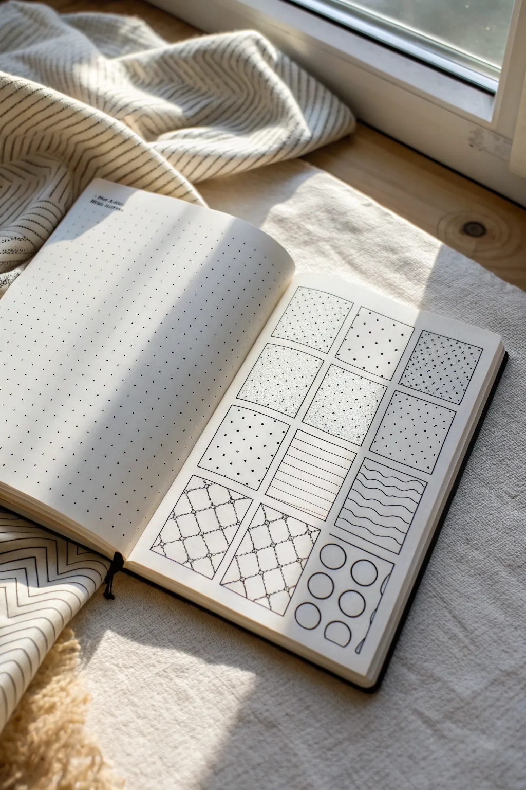 Pattern play for beginners: simple repeating lines, dots, and swirls in clean ink tiles