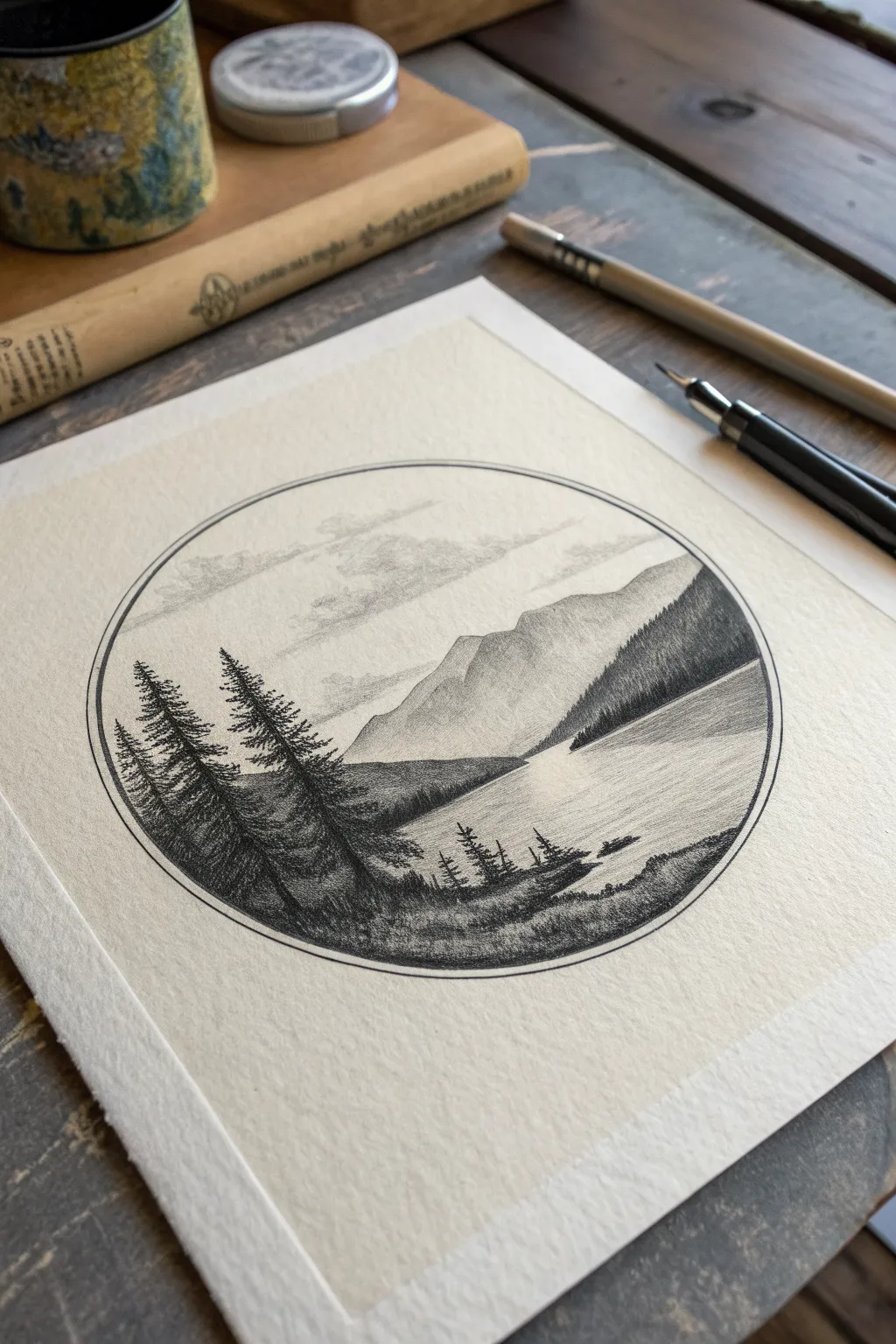 Beginner charcoal circle landscape: tiny mountains, lake, and a bold silhouette in one frame