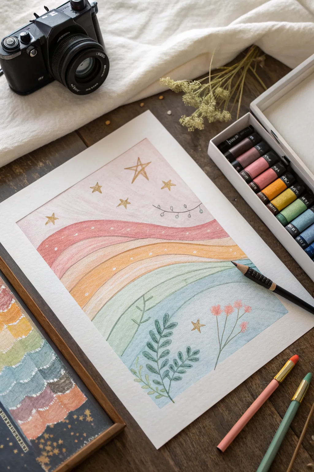 Scratch-and-reveal oil pastel gradients with simple stars, leaves, and waves for easy beginner doodles