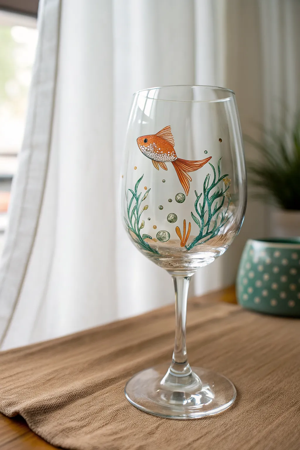 Beginner-friendly goldfish and wavy kelp wine glass painting, captured mid-brushstroke
