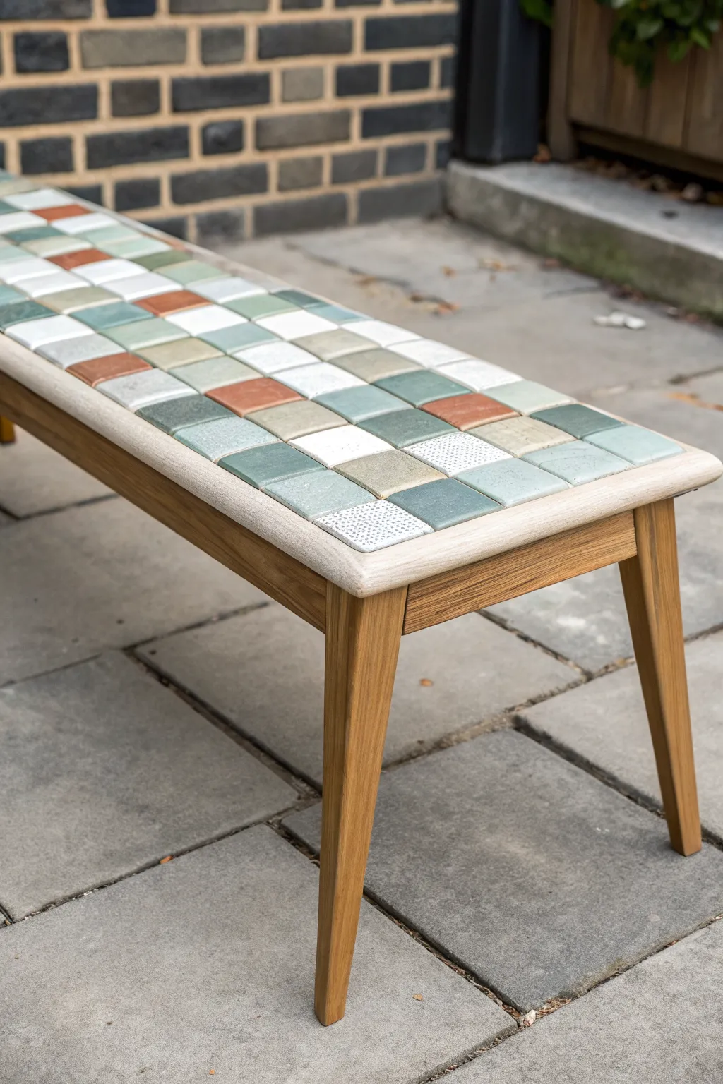 Mosaic-inspired bench seat color tiles paired with a calm neutral frame for Scandinavian boho style
