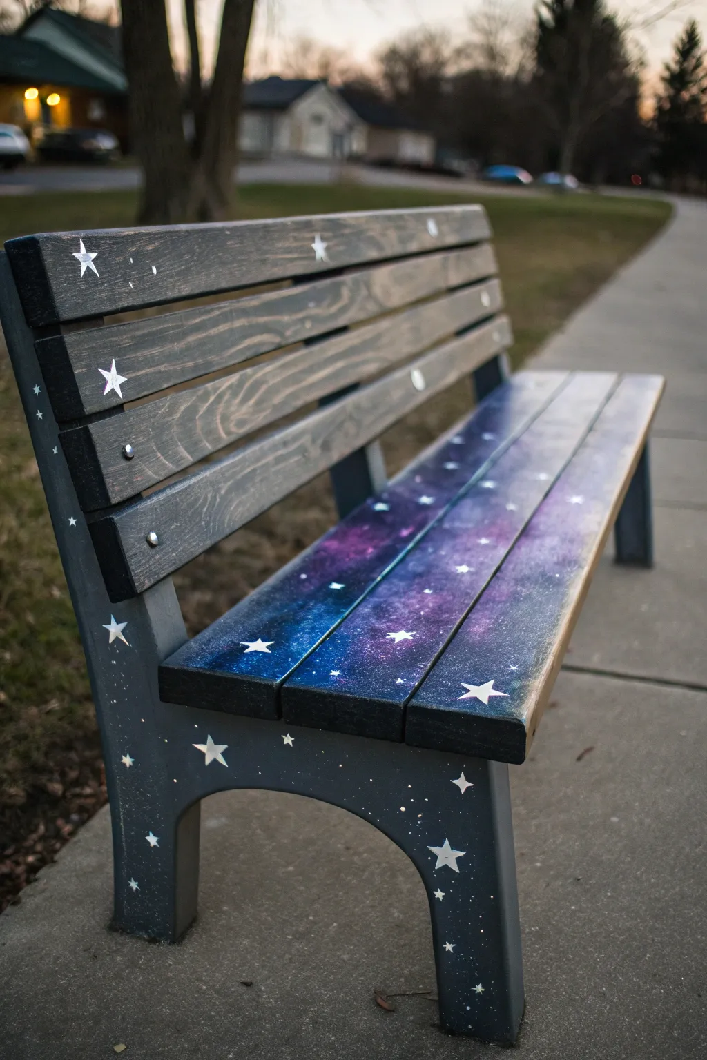 A dreamy galaxy-painted bench at dusk, indigo-to-violet fade and crisp star splatter.