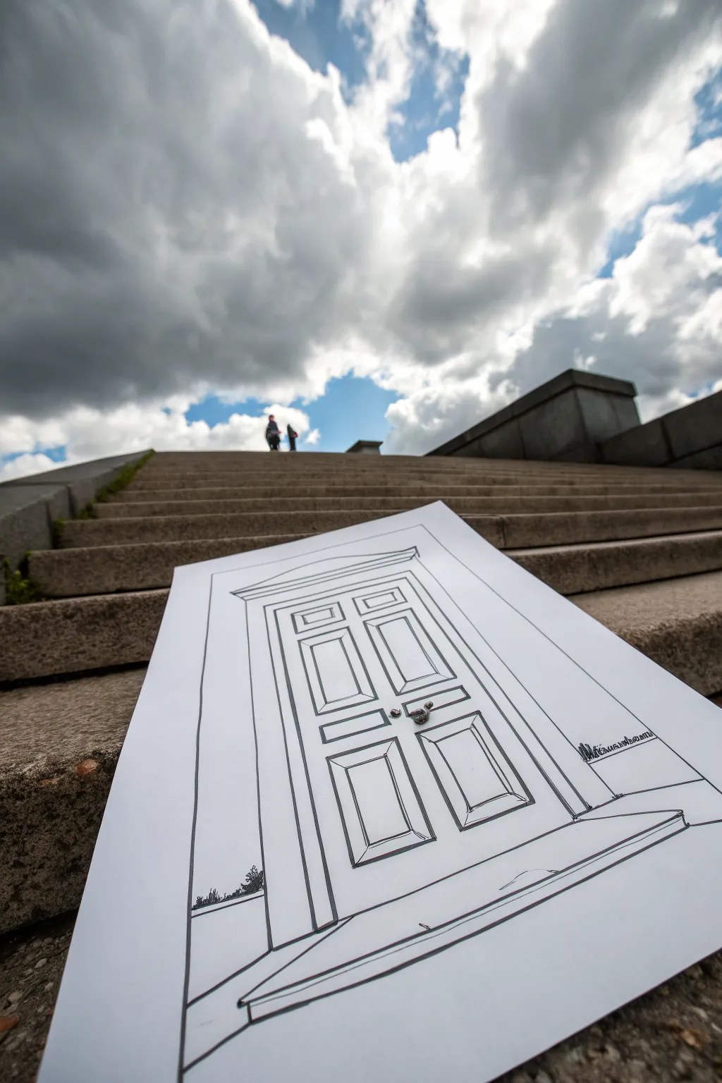 Minimal doorway sketch opening to soft clouds, bold lines with a calm Scandinavian boho feel.