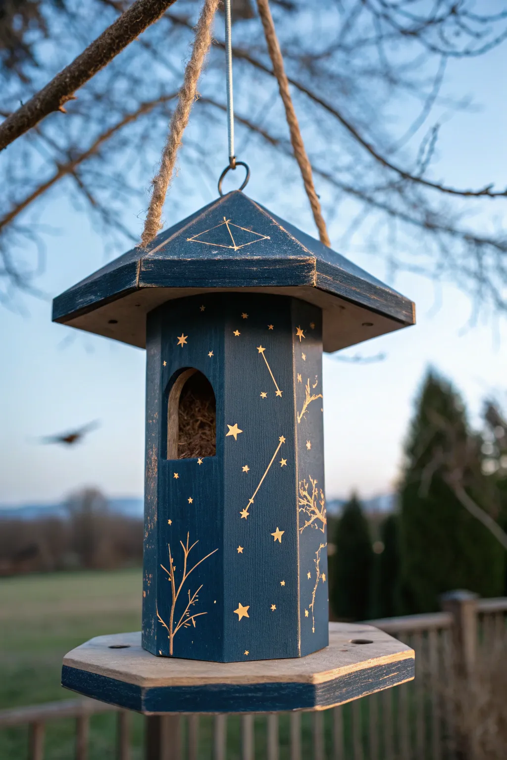 Moody navy bird feeder with hand-painted constellations, perfect for a dreamy night-sky DIY.