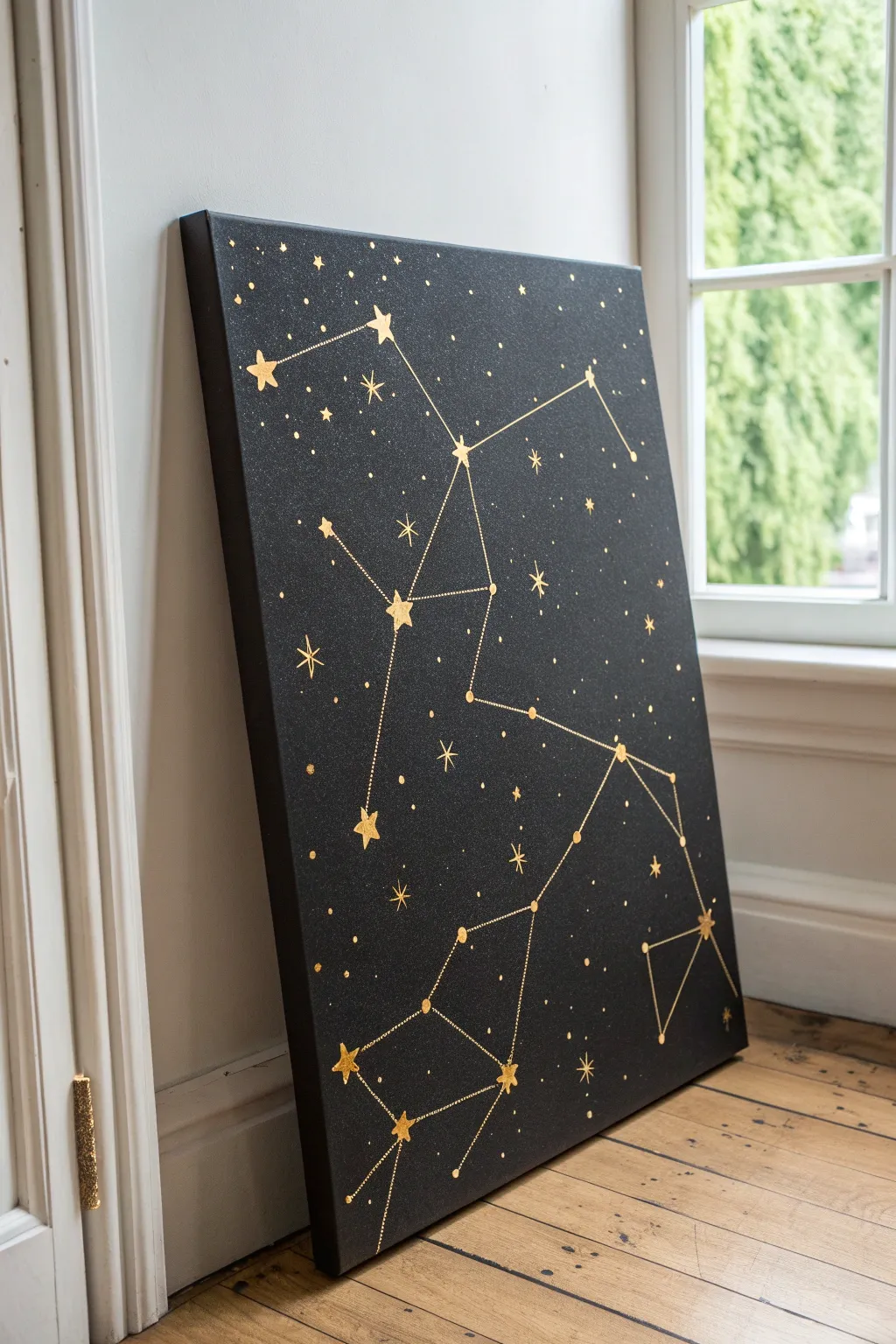 Matte black canvas with delicate gold constellation lines and bright stars for luxe minimalist contrast.