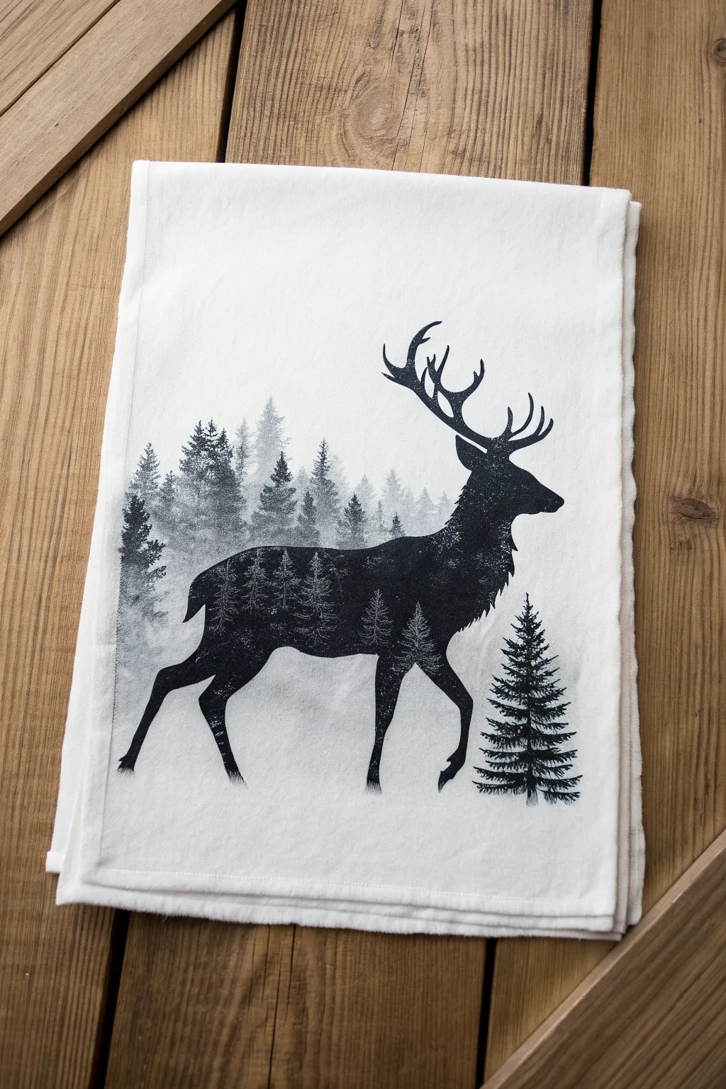 Minimal black ink deer silhouette with forest double exposure, crisp contrast, Scandinavian calm.