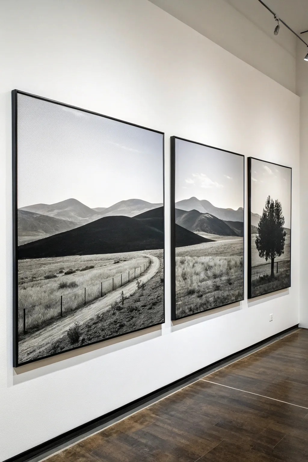 Elegant black and white triptych landscape with a continuous horizon, minimalist Scandinavian vibe