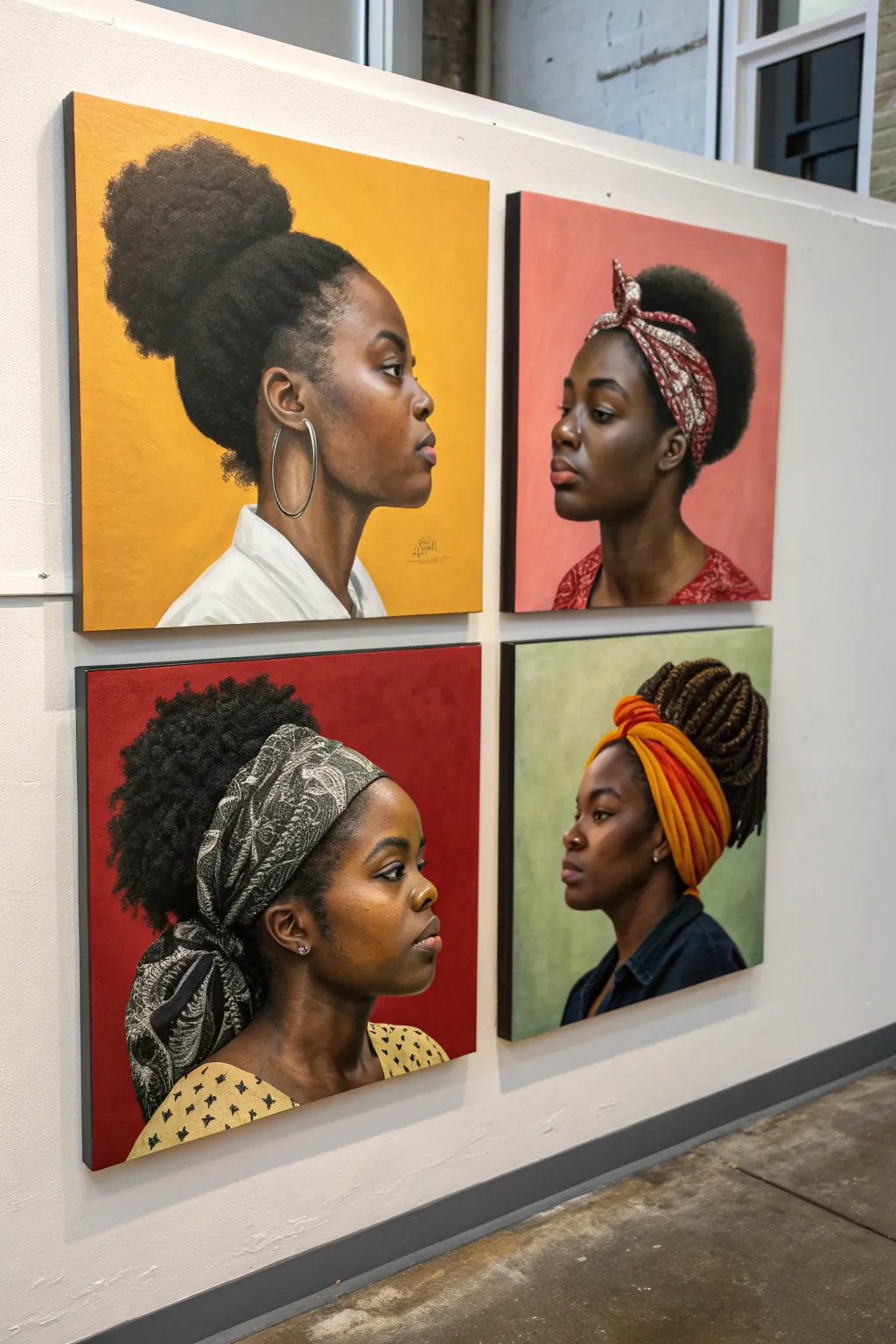 Mini series of four easy black girl portraits, each with a different hairstyle and bright backgrounds