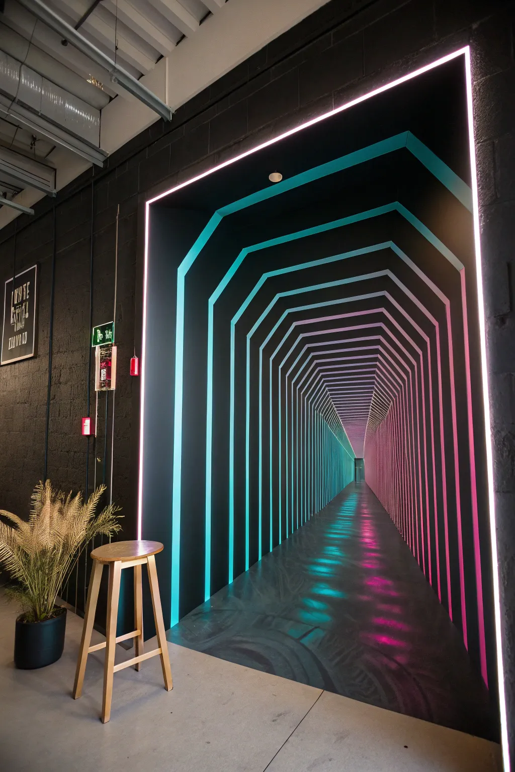 A glowing UV tunnel mural illusion that turns one wall into a sleek, dreamy black light portal.