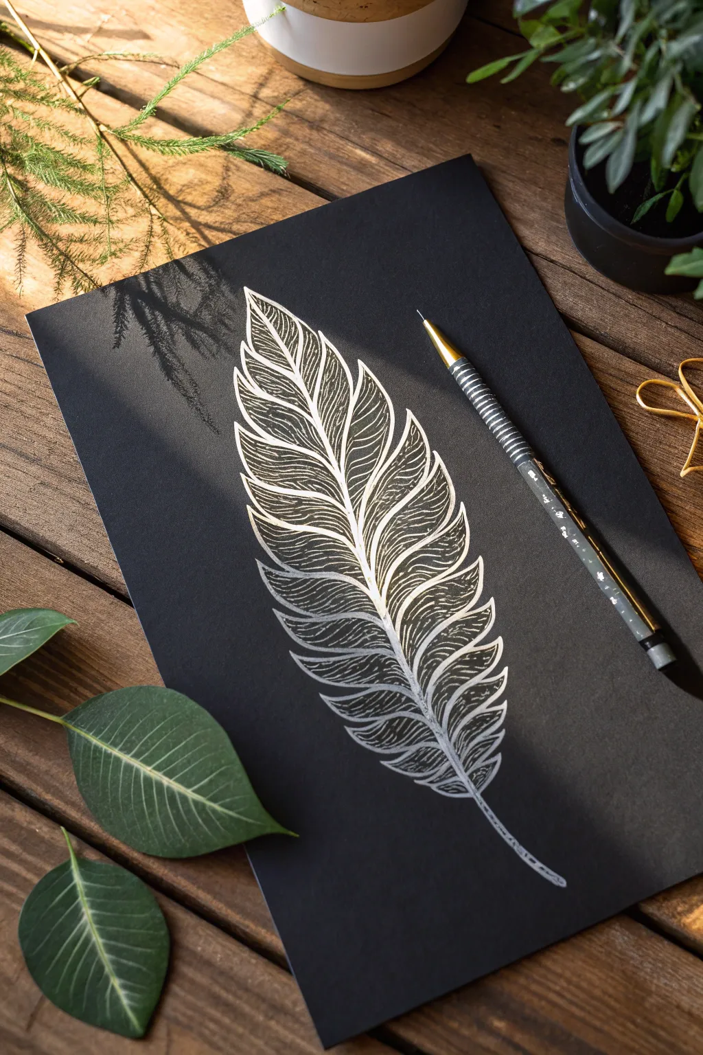 Botanical leaf sketch on black paper with luminous vein highlights and soft shaded edges