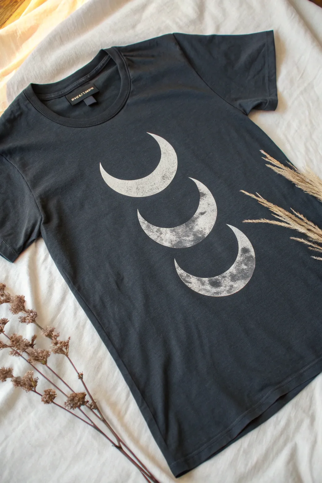 Three-tone bleach shading on a dark tee with minimalist palette and process swatches.