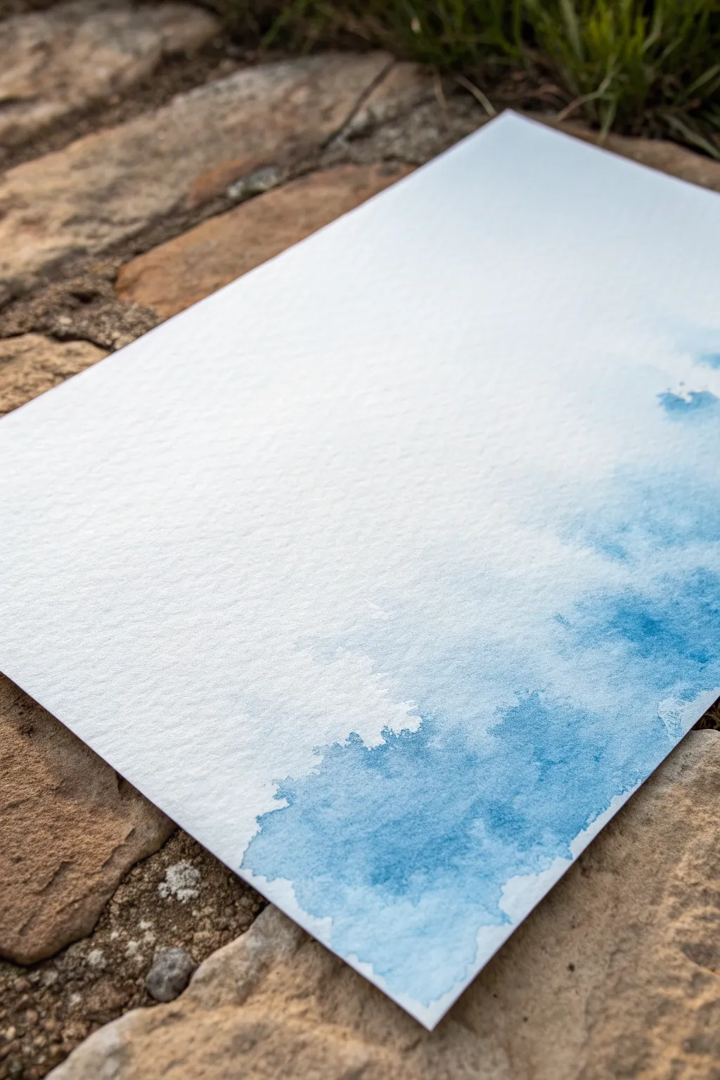 Blue ink wash bleeding into watercolor drips on clean white paper, minimalist Scandinavian-boho mood