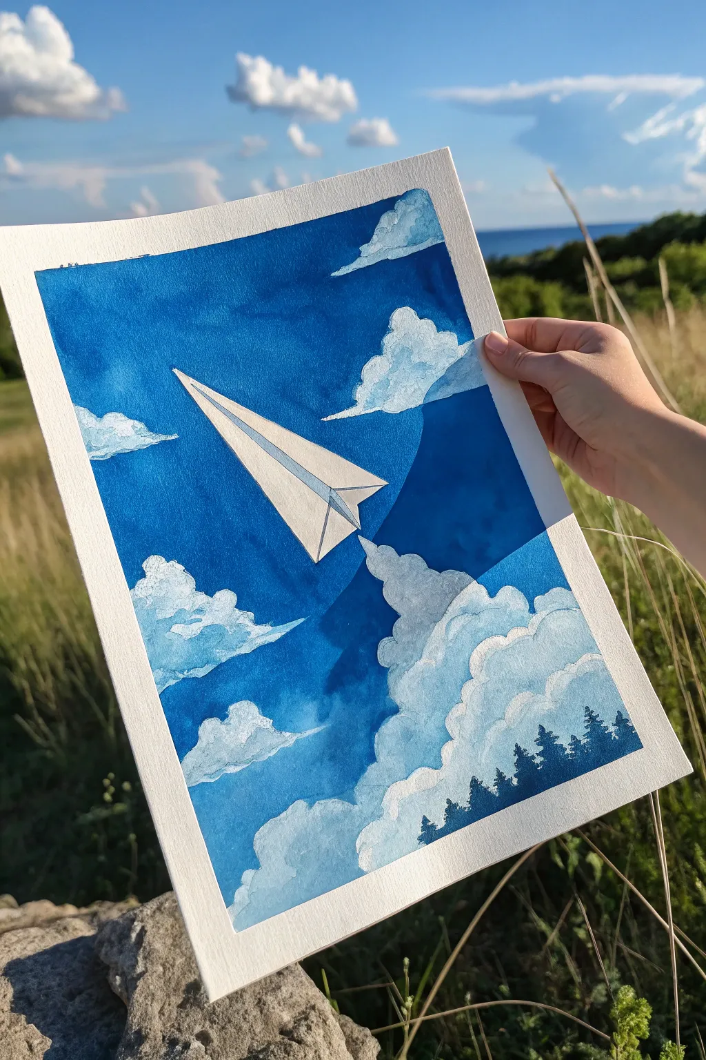 Surreal blue sky painting idea: a floating paper plane above soft clouds in minimalist boho style