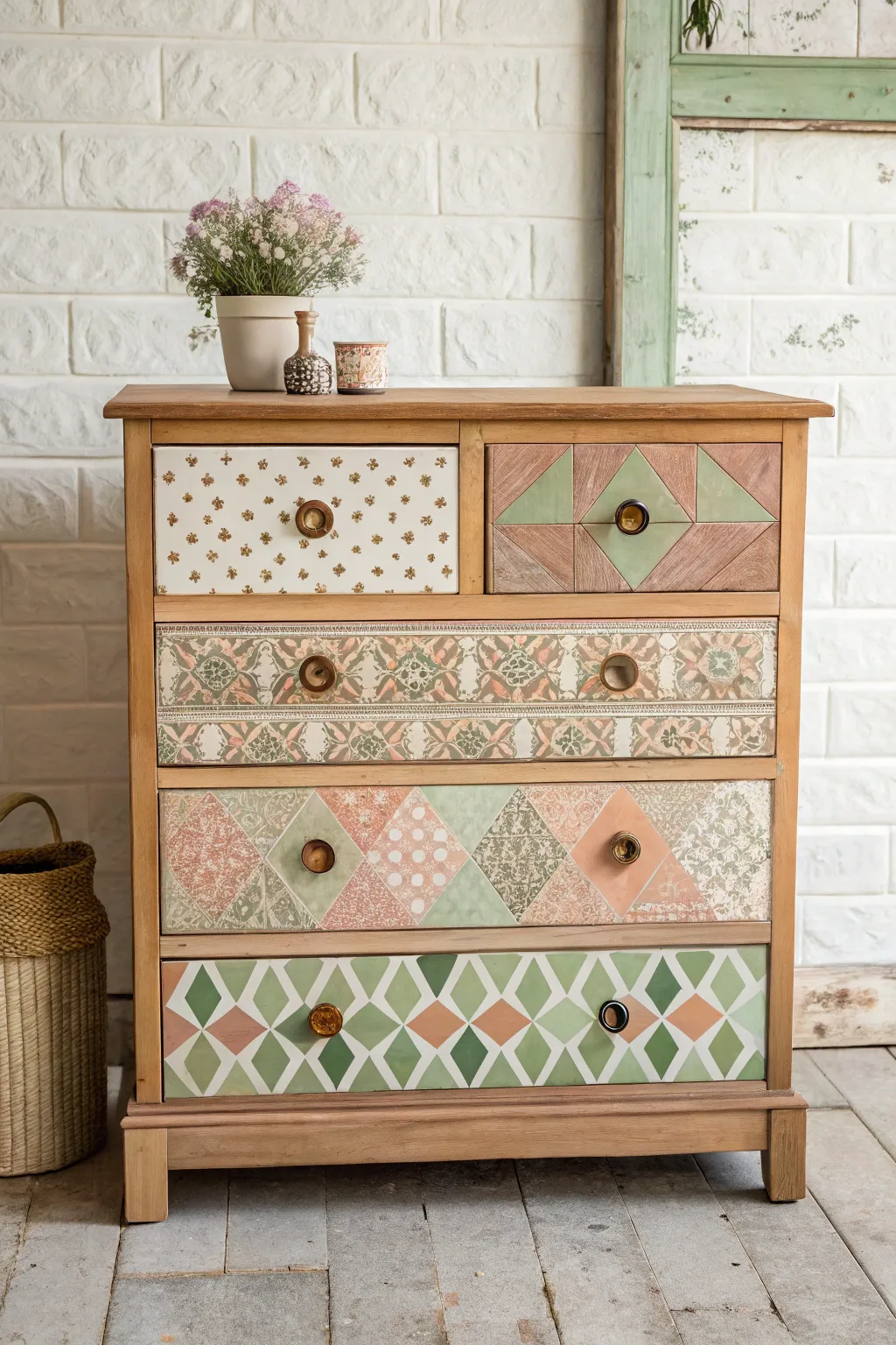 Patchwork drawers in a cohesive boho palette for a bold yet minimal painted furniture look