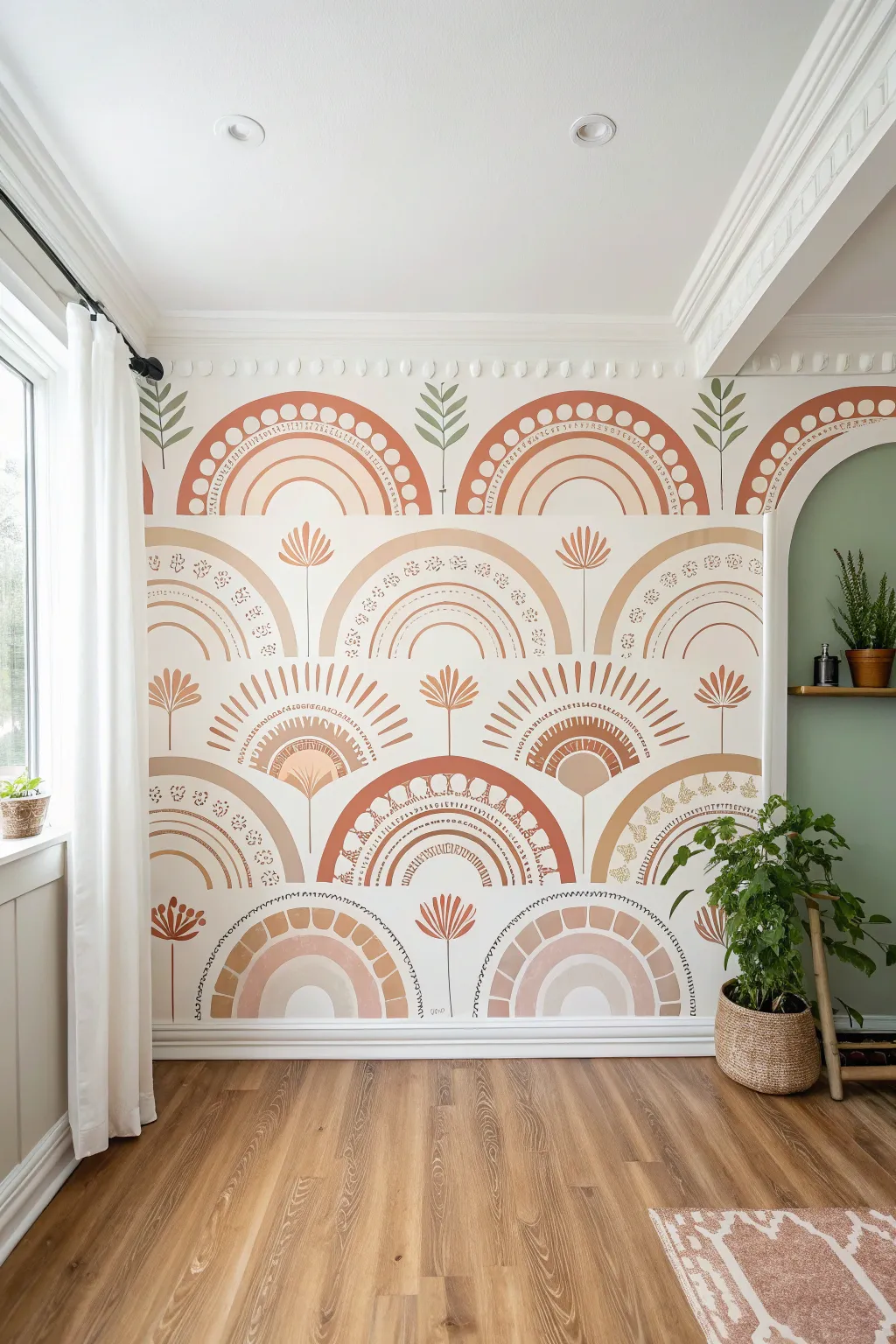 Layered stencils plus freehand dots and petals for a calm, feminine boho mural with contrast