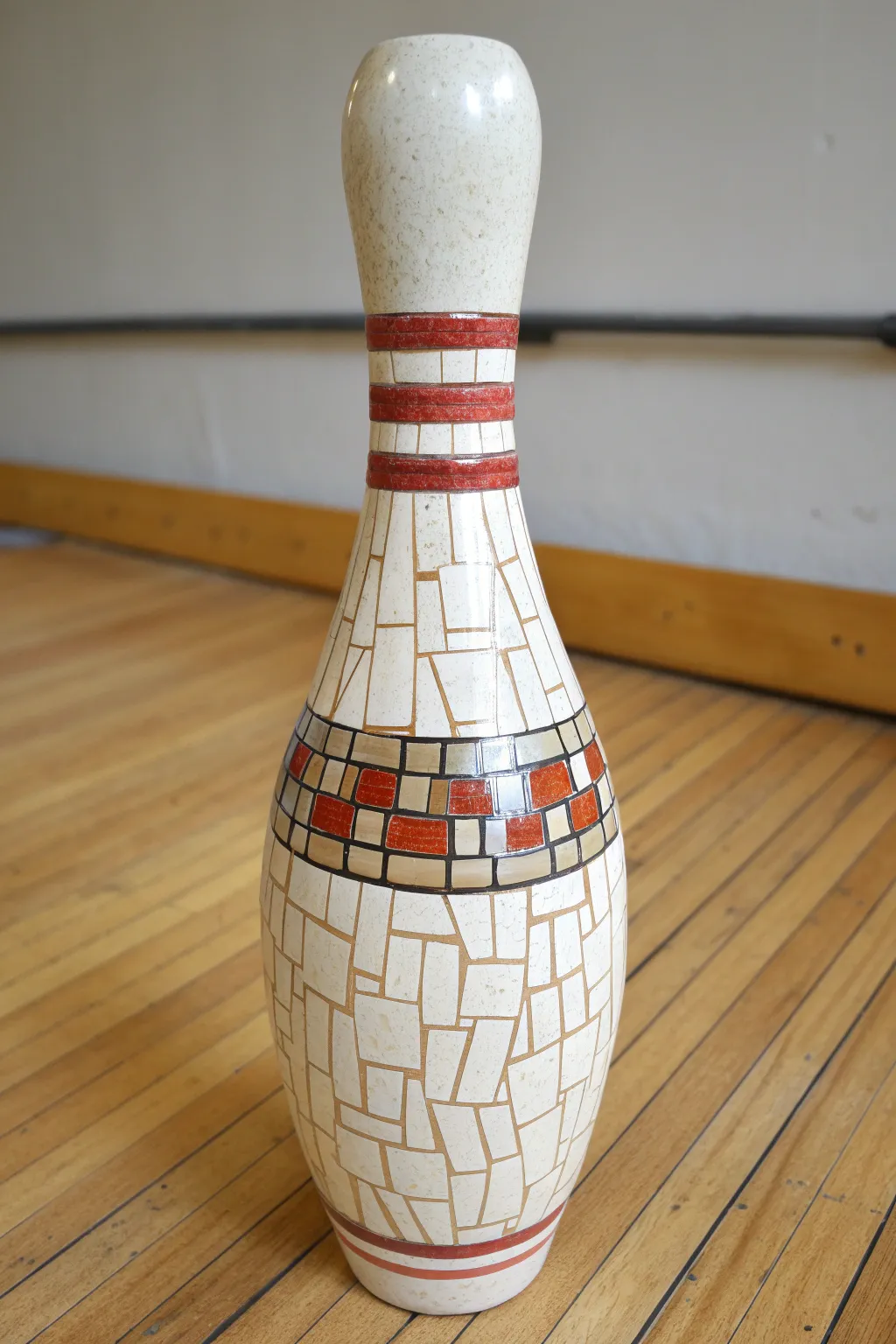 Faux tile mosaic bowling pin with crisp grout lines and tiny glossy highlights for a ceramic look