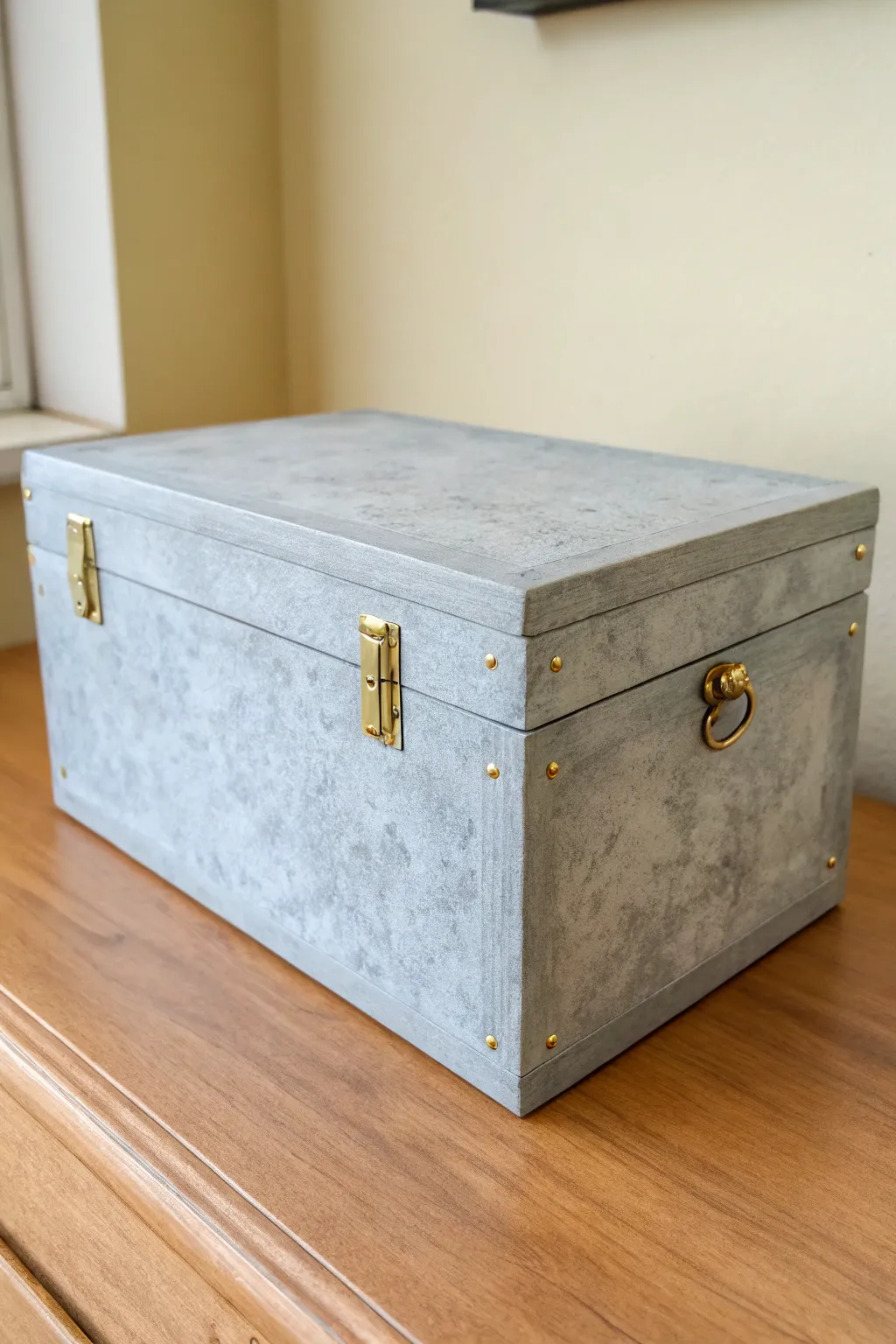 Soft concrete look on a wooden box with gold hardware for calm minimalist boho decor