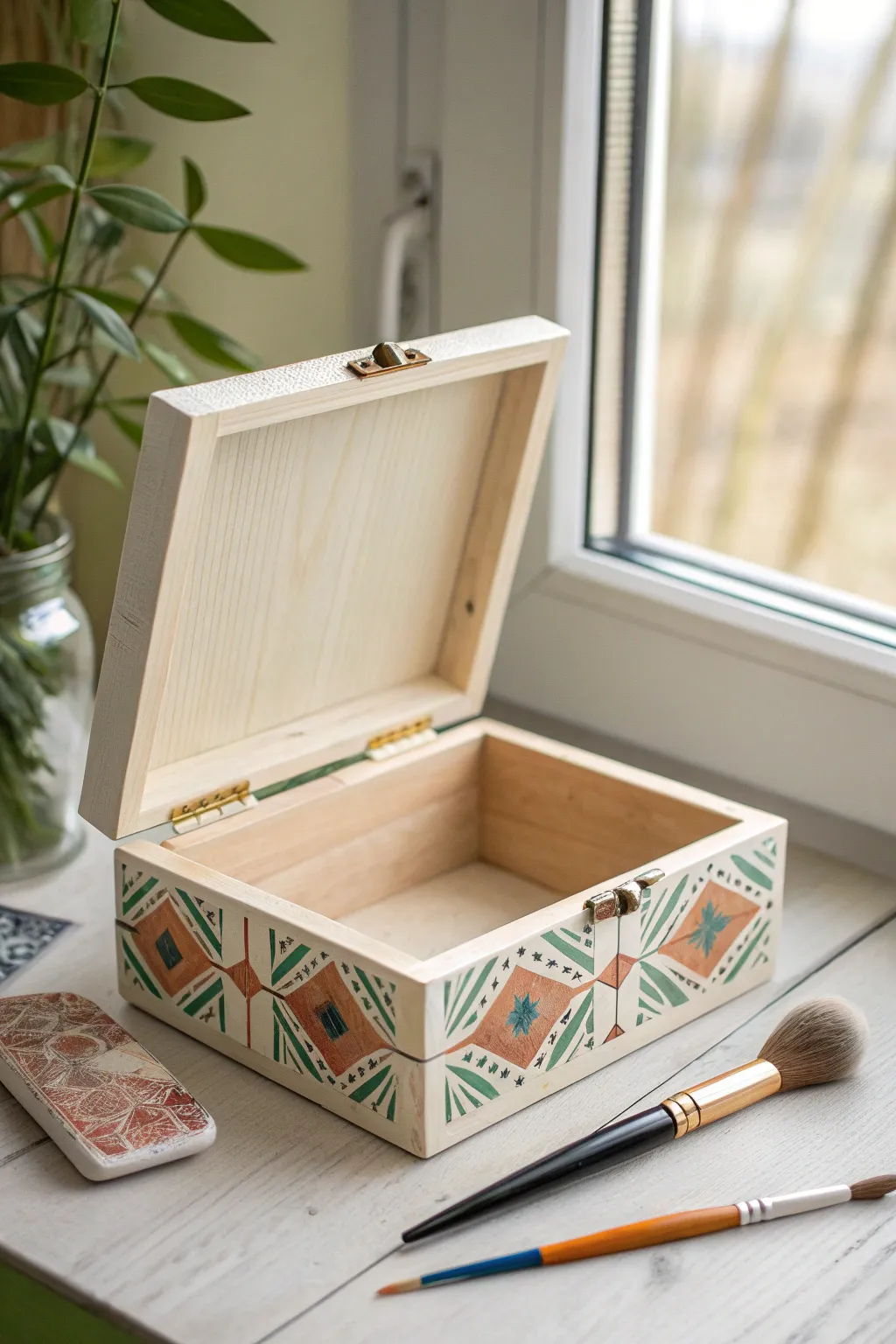 Calm minimalist exterior, vibrant hidden lid art inside an open painted box for instant wow