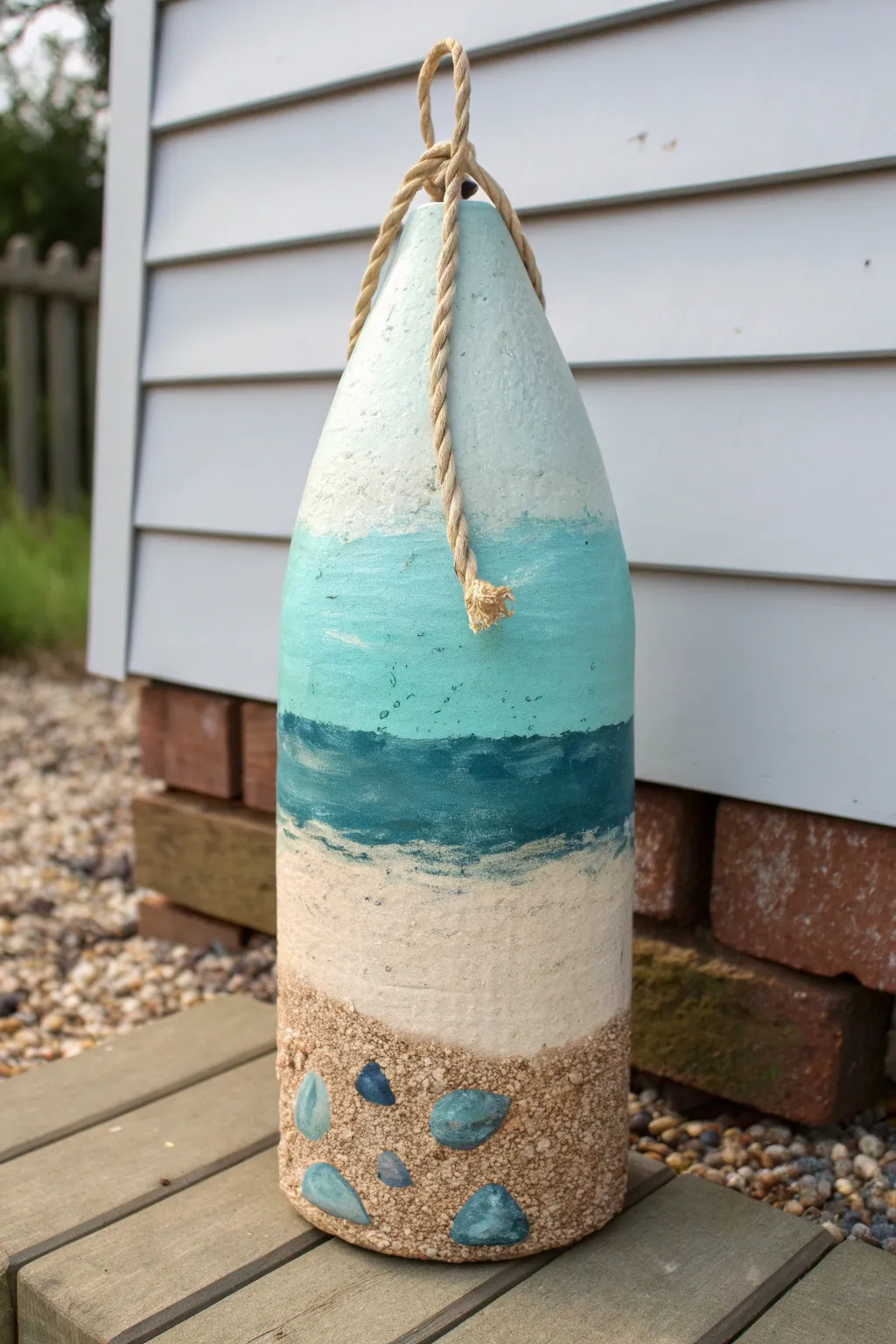 Mixed-media buoy with raised sandy beach texture fading into calm painted sea tones