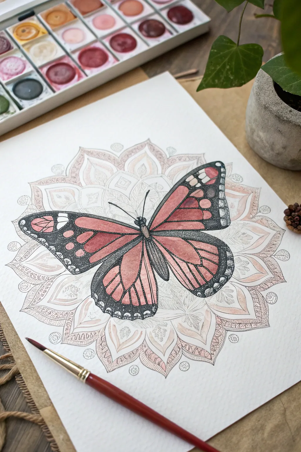 Intricate mandala butterfly in a soft boho palette, centered and crisp on white paper.