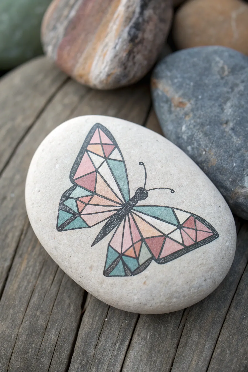 Paint a sleek faceted butterfly with soft pastels and crisp lines for a modern rock art look.