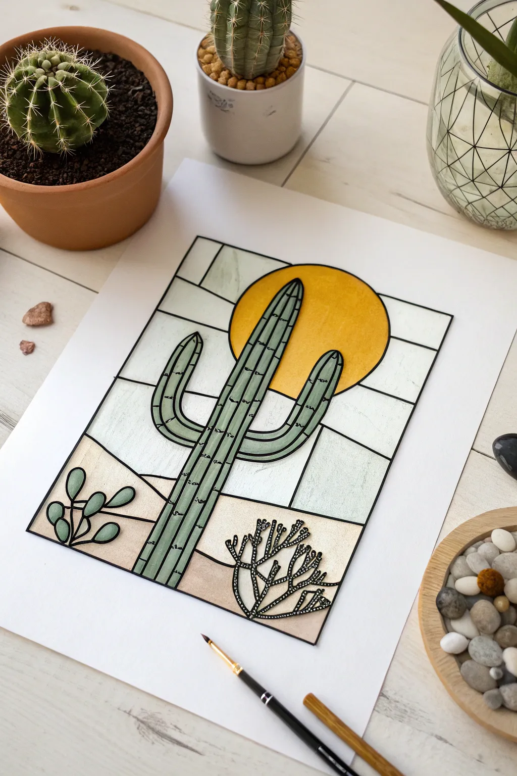 Geometric stained-glass cactus drawing with bold outlines and a soft sun halo, minimalist boho feel