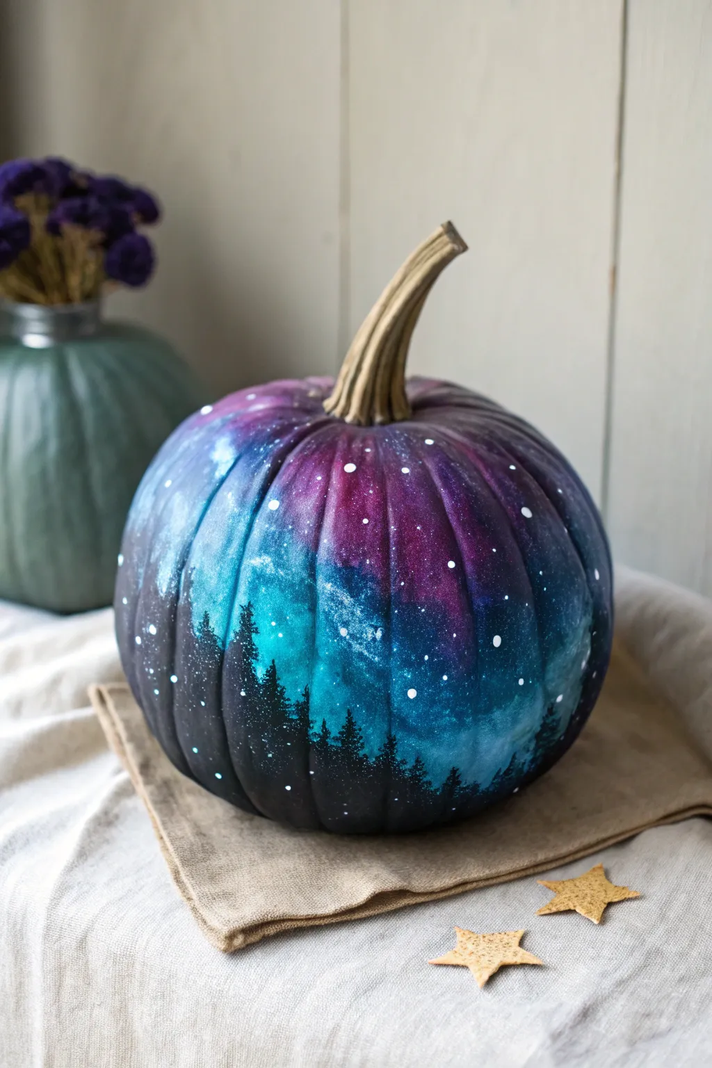 Paint a dreamy galaxy pumpkin with soft nebula blends and tiny star speckles on a moody backdrop.