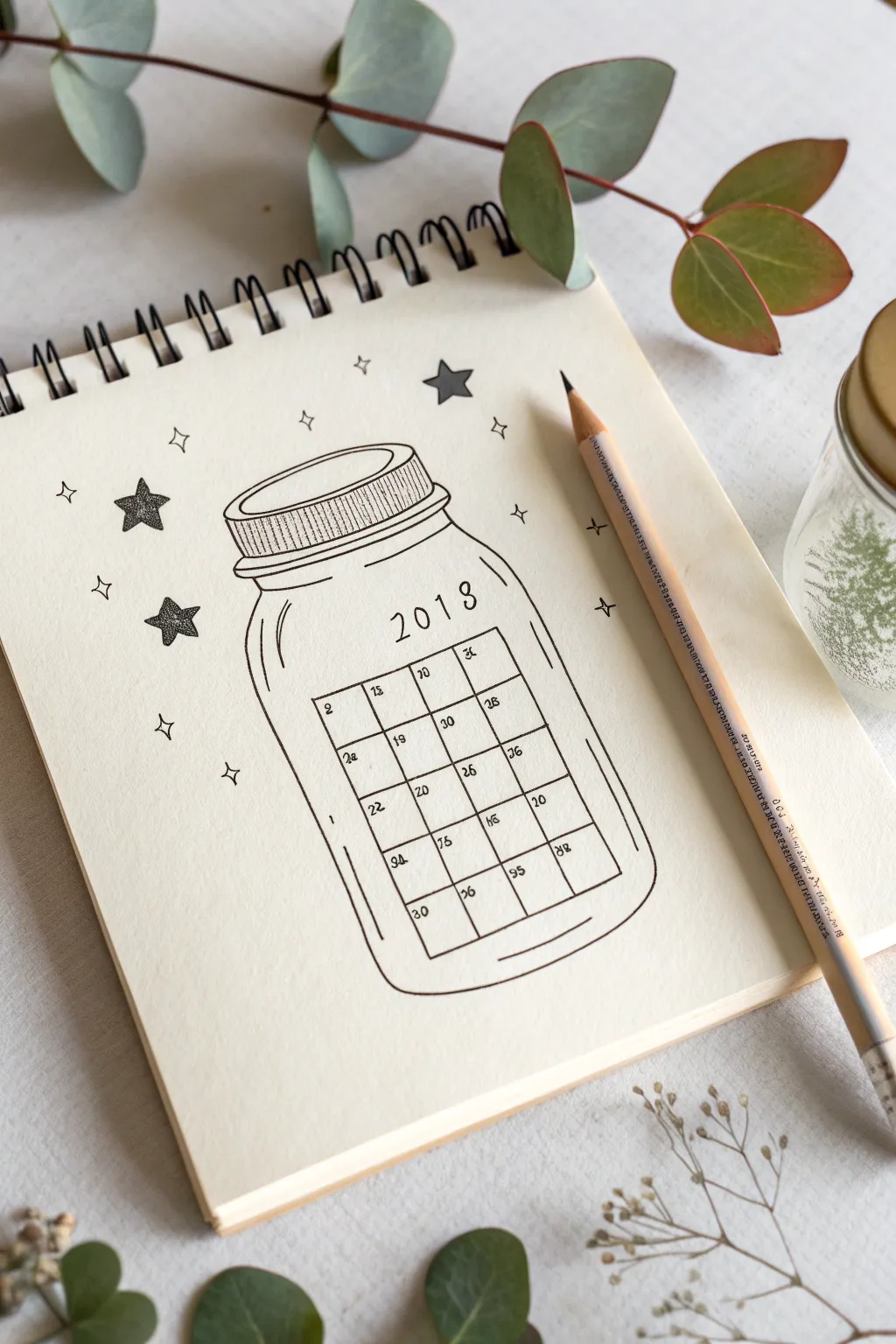 Calendar grid inside a glass jar doodle, minimalist boho style with soft shading and tiny stars