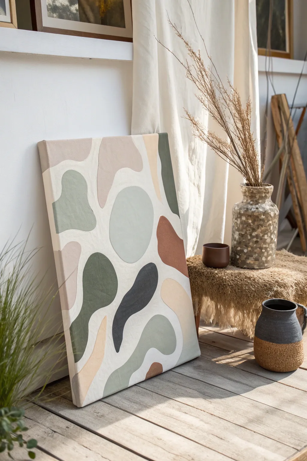 Muted camo layers with a hidden detail revealed by subtle value shifts, minimalist boho painting inspo