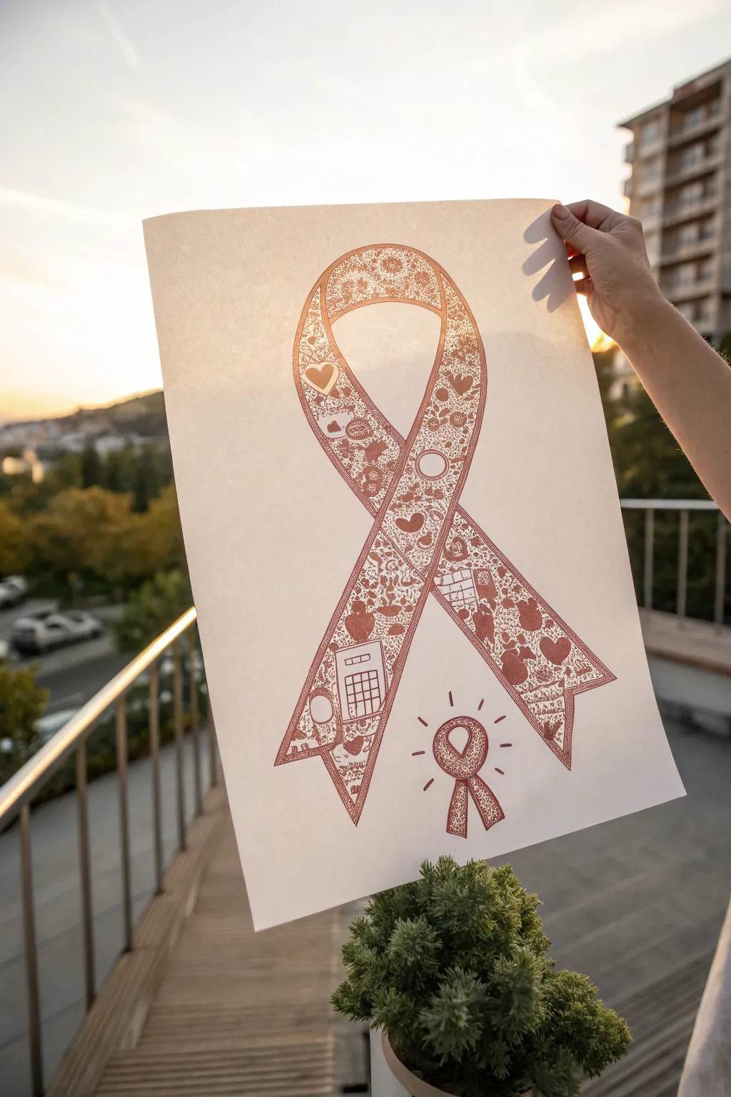 Draw a collage-style cancer ribbon filled with tiny hopeful scenes for a meaningful art idea.