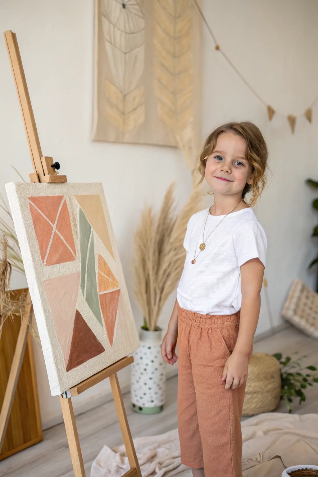 Collage-and-paint texture canvas with raised paper shapes in calm Scandinavian boho tones