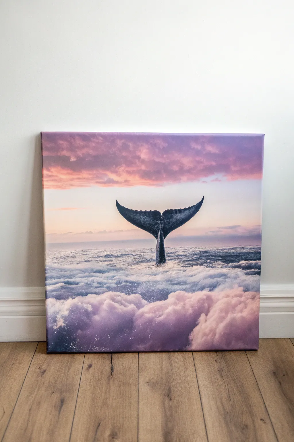 Surreal whale tail diving into clouds on a dreamy pink-purple sky canvas, minimal and boho.