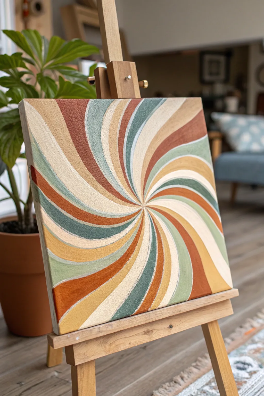 Spin-and-swirl abstract canvas in a limited boho palette, perfect for 10-year-old artists