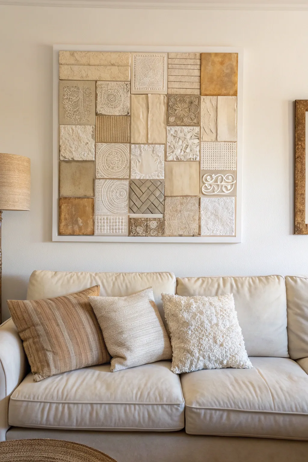 Layered mixed-media canvas above the sofa, spotlighted textures for a minimalist boho statement.