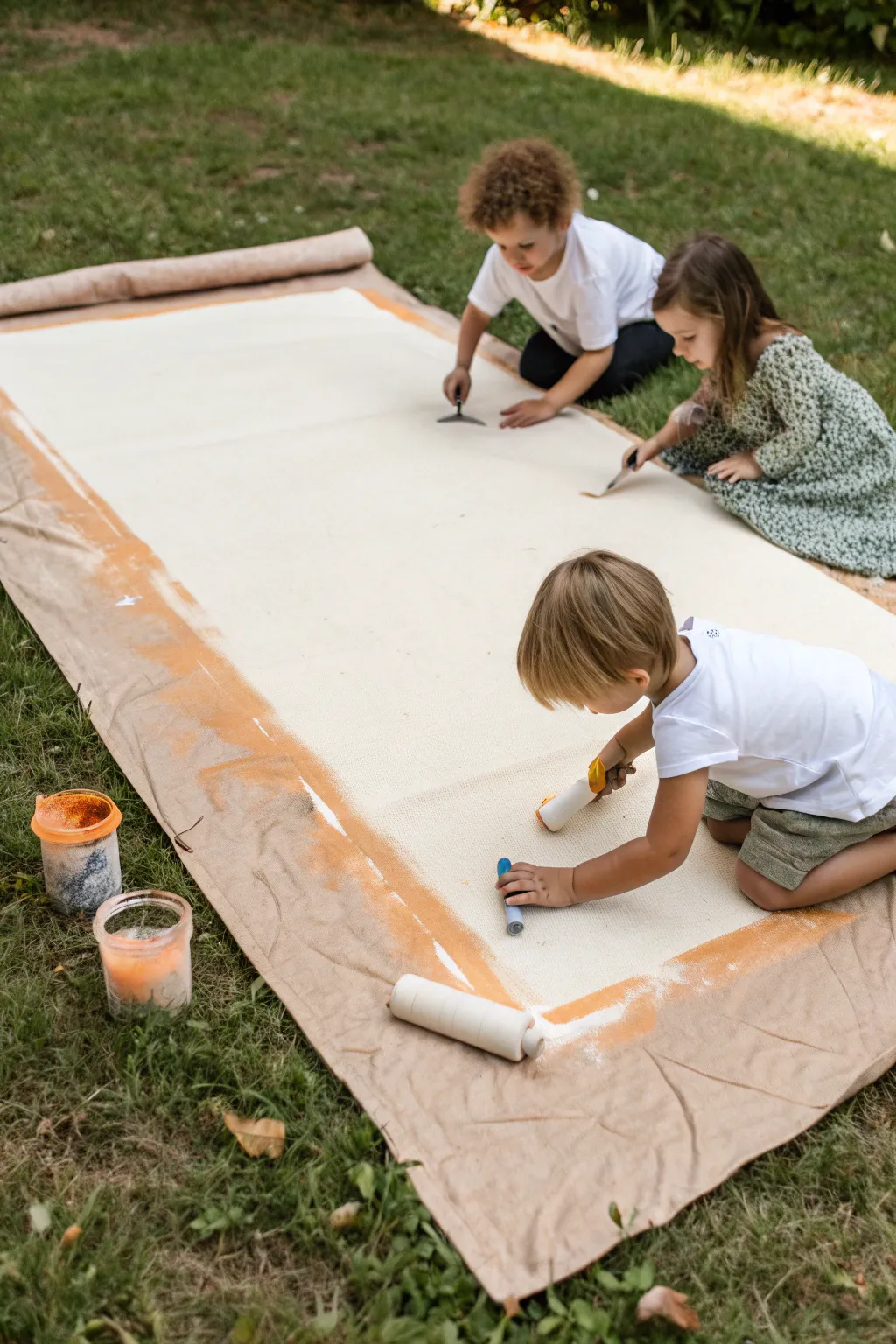 A giant shared toddler canvas with bold, abstract strokes in a calm, boho color palette outdoors.