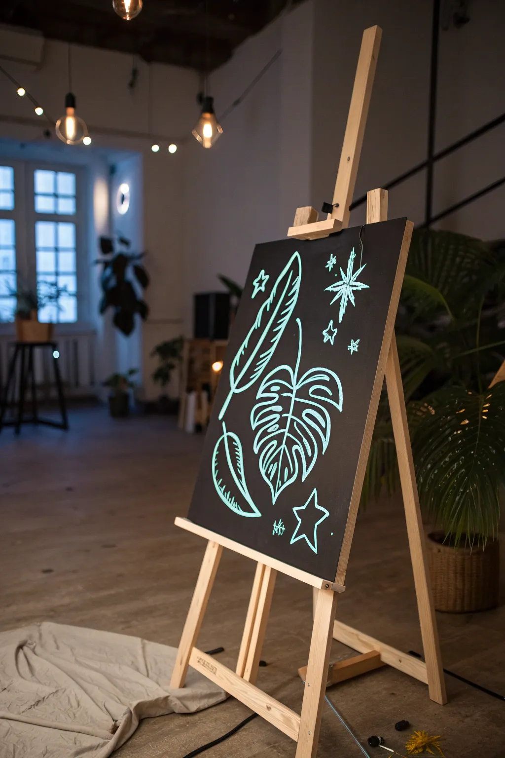 Neon glow canvas centerpiece for a chic paint party, high-contrast blacklight vibes