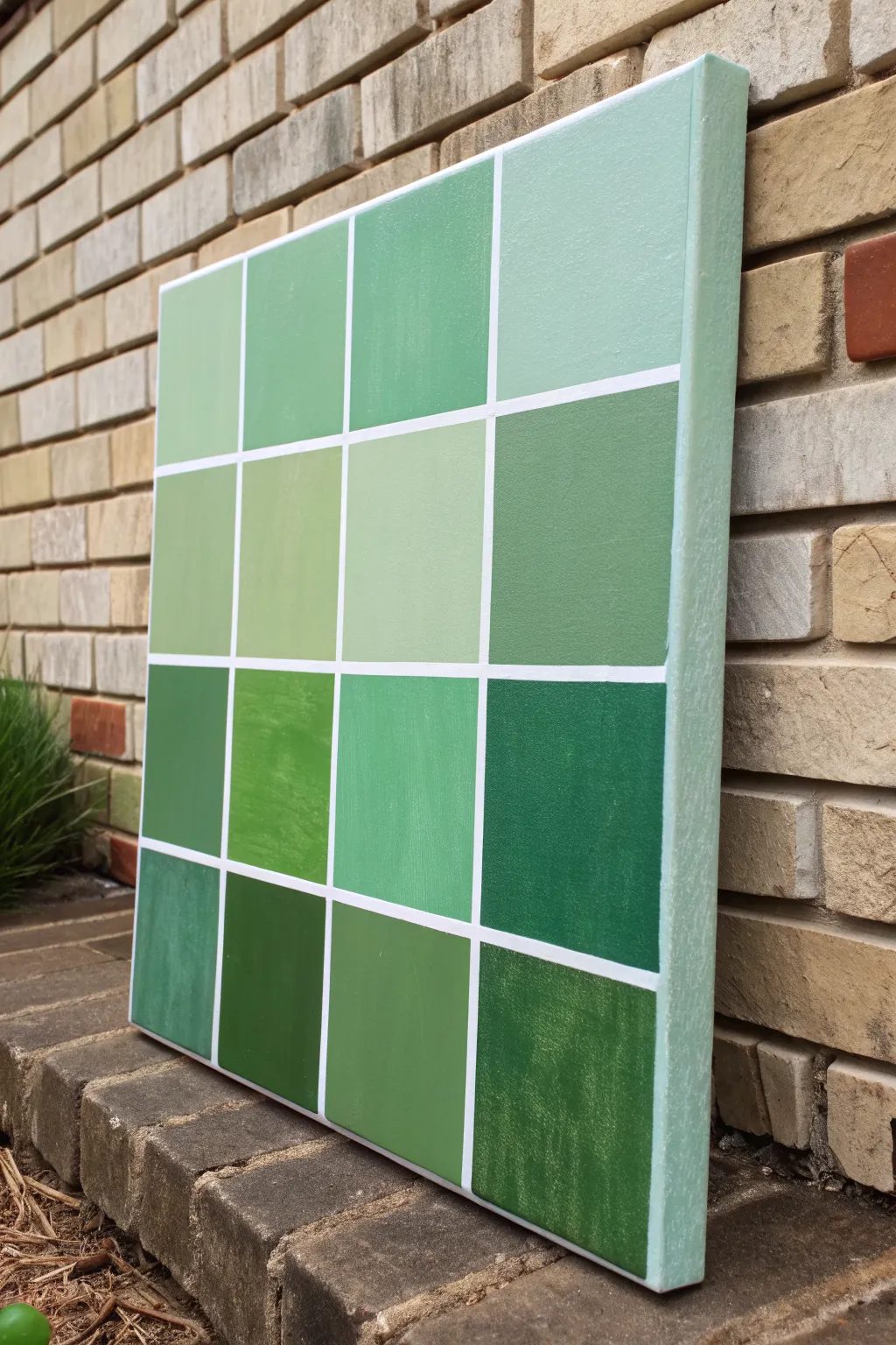 Mixed green geometric blocks on canvas for a calm, modern minimalist painting idea