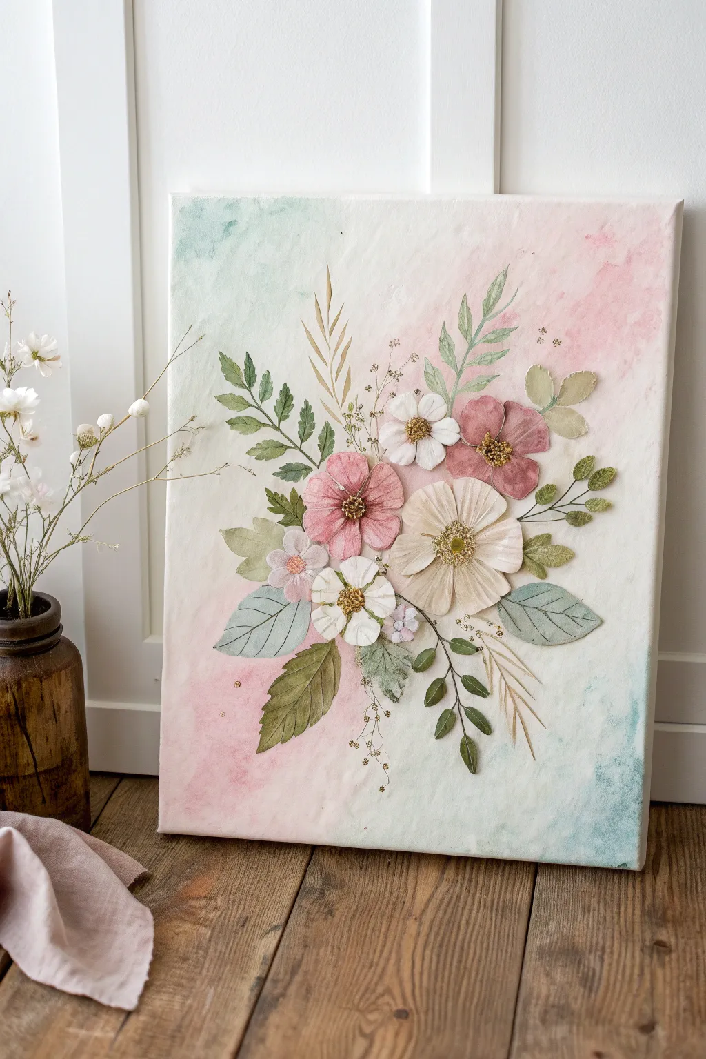 Delicate pressed flowers layered over a pastel spring wash for a minimalist mixed-media canvas