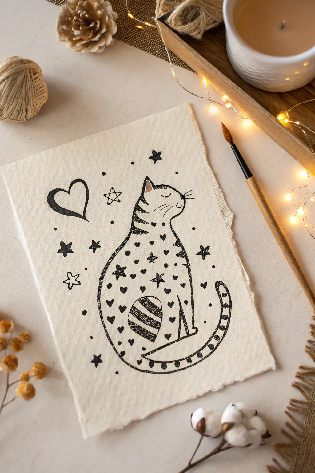 Minimal pattern-filled cat silhouette doodle, bold outline and cozy Scandinavian-boho vibe.