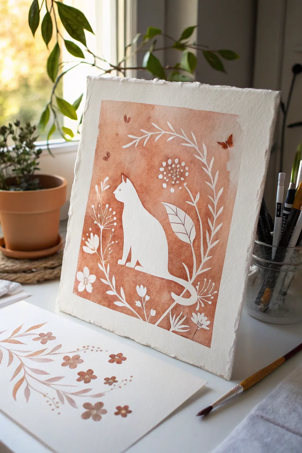 Create a sleek negative space cat by masking a clean silhouette against a warm boho wash.