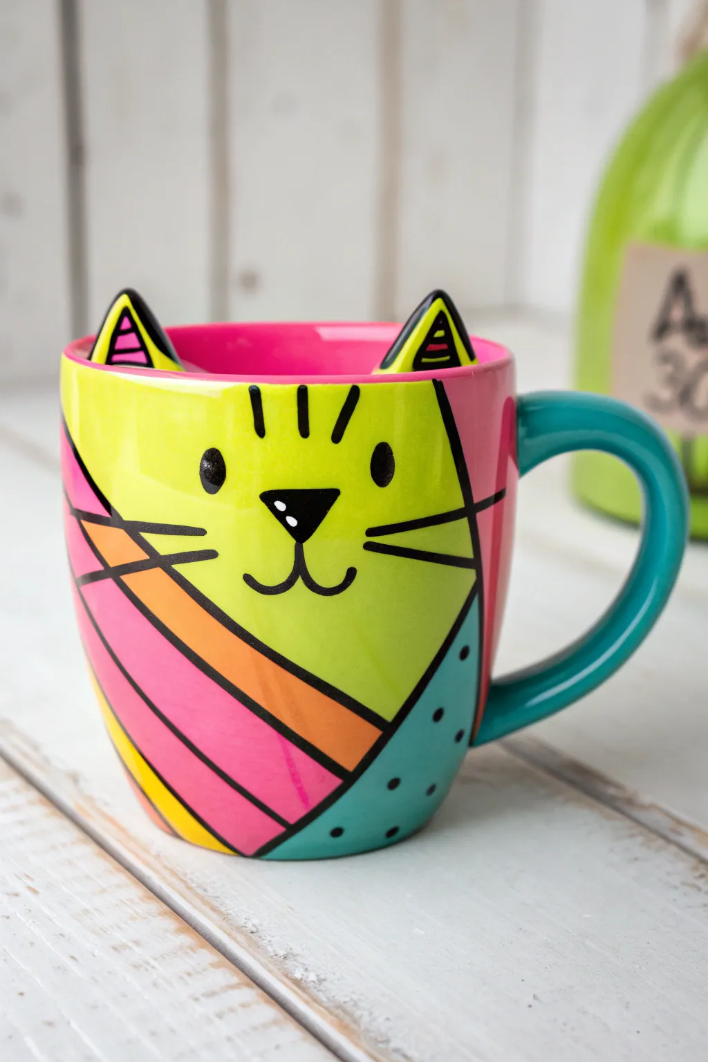 Pop art neon cat pottery inspo with crisp black outlines on a clean Scandinavian backdrop