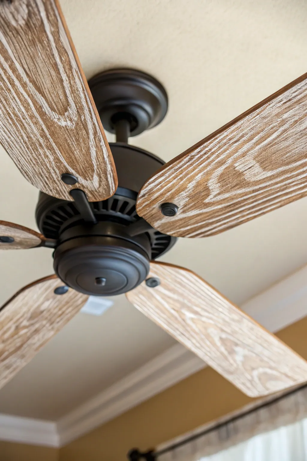 Faux wood grain fan blades that look real, close-up brushstroke detail in warm minimalist decor