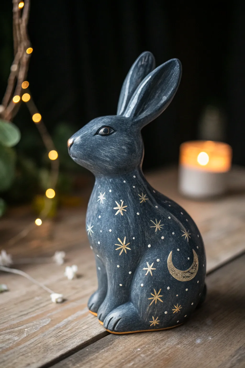 Moody celestial ceramic bunny with hand-painted stars and a crescent moon in high contrast