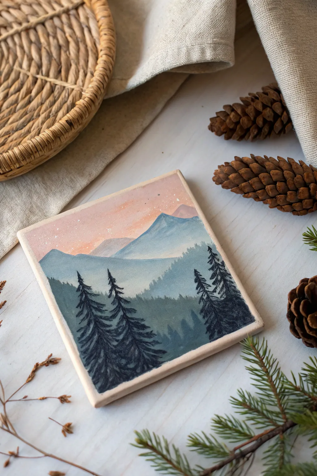 Mini mountain landscape coaster painting, a cozy functional accent for your next ceramic project