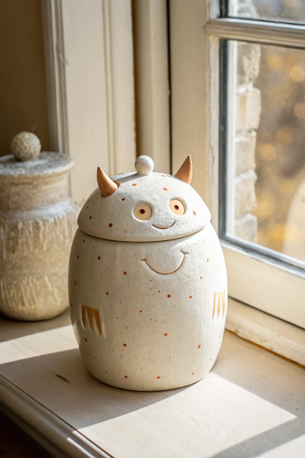 Playful monster cookie jar with a peek-open lid, minimal Nordic palette and handcrafted charm.