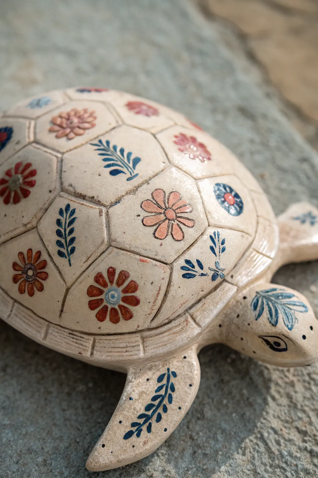 Tiny hidden motifs in every scute turn a ceramic turtle shell into a playful mini treasure hunt.
