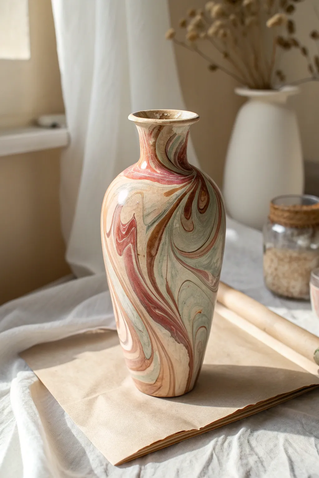 Dreamy marbled swirl pour transforms a simple ceramic vase into a one-of-a-kind statement.