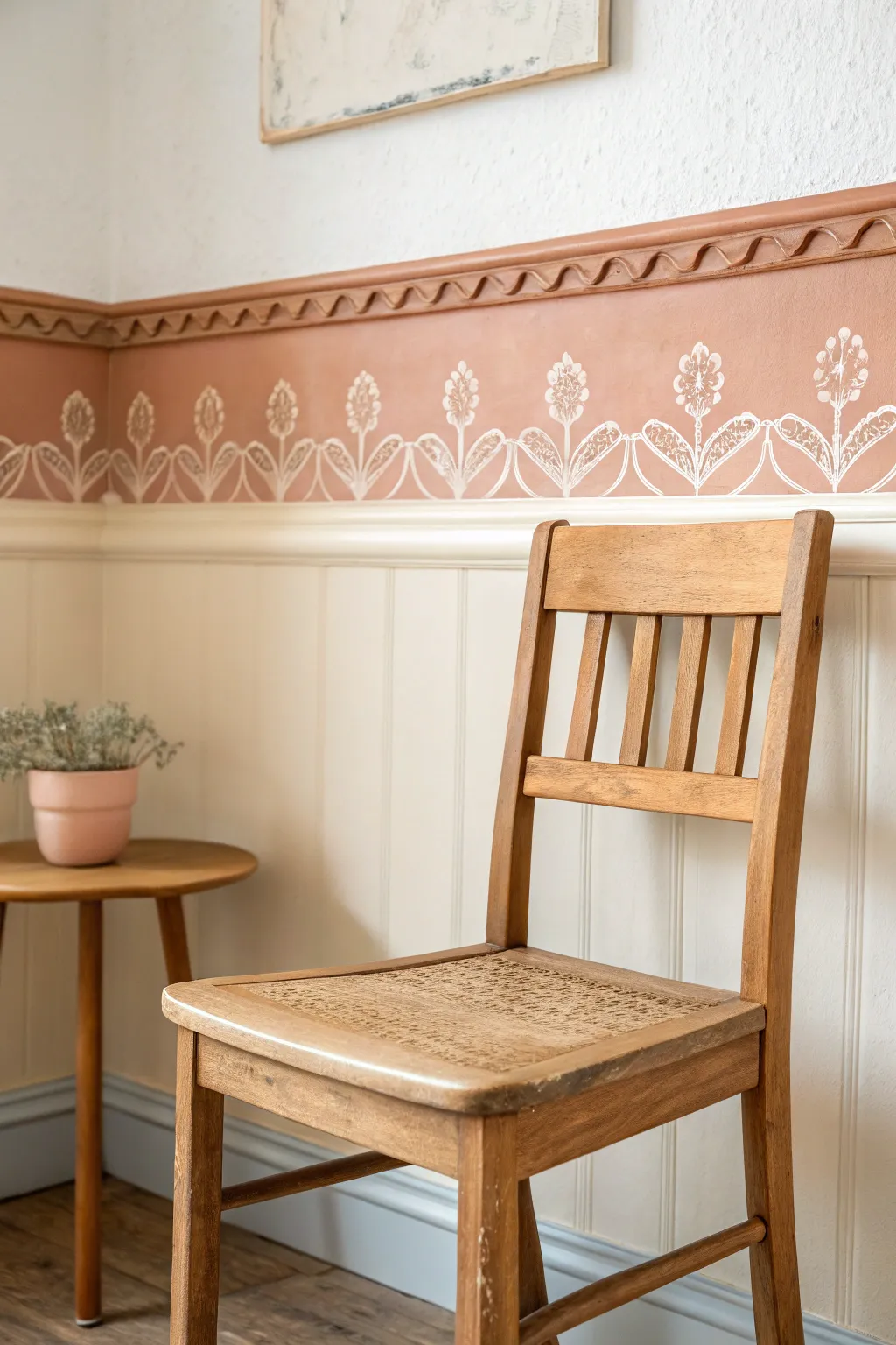 Soft hand-painted scallop border skimming the chair rail for a calm two-tone wall accent