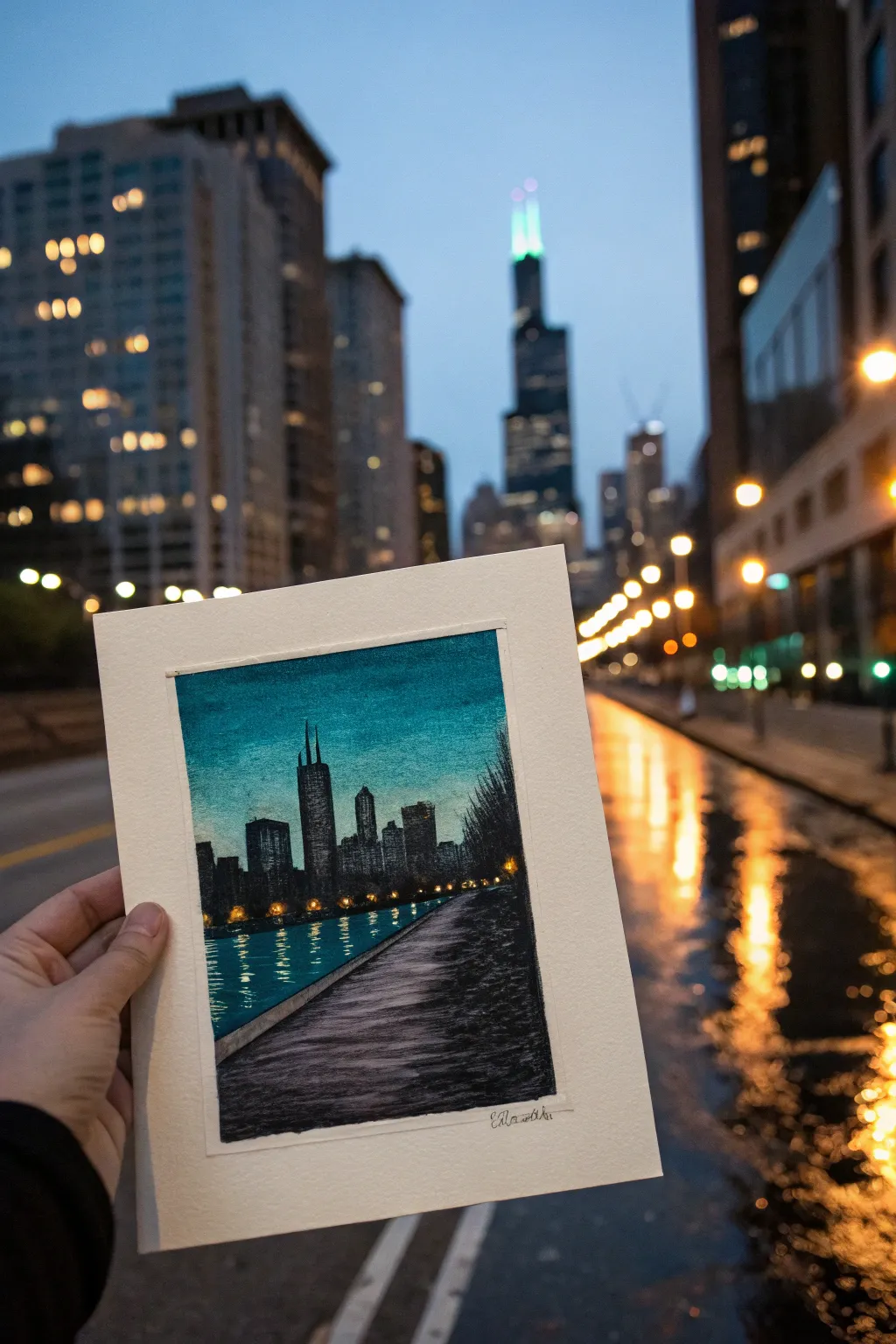 Chalk pastel night skyline with glowing lights and dreamy smudged reflections for moody contrast