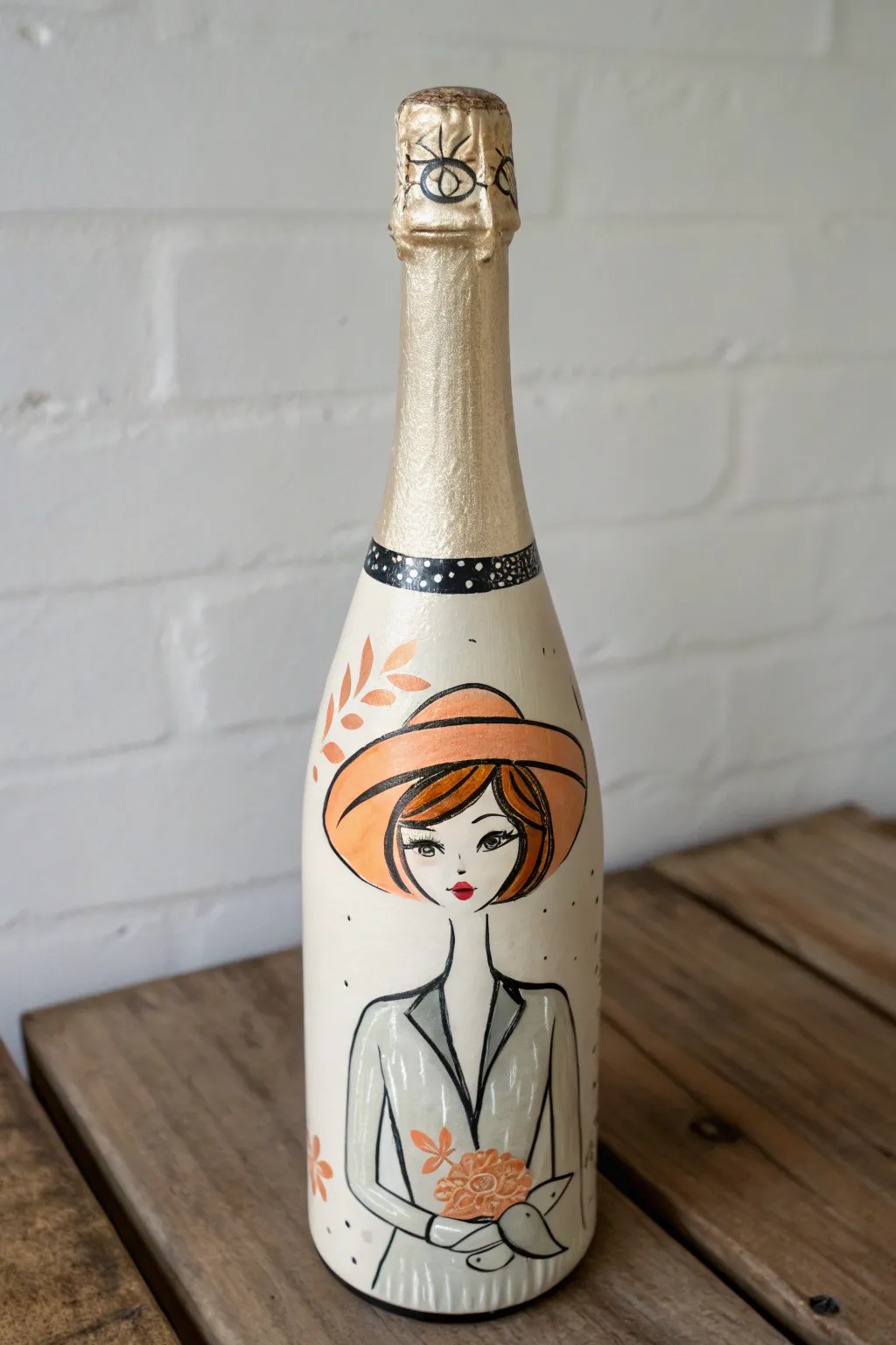 Paint a playful bottle character where the neck becomes a chic hat, in clean Nordic style.